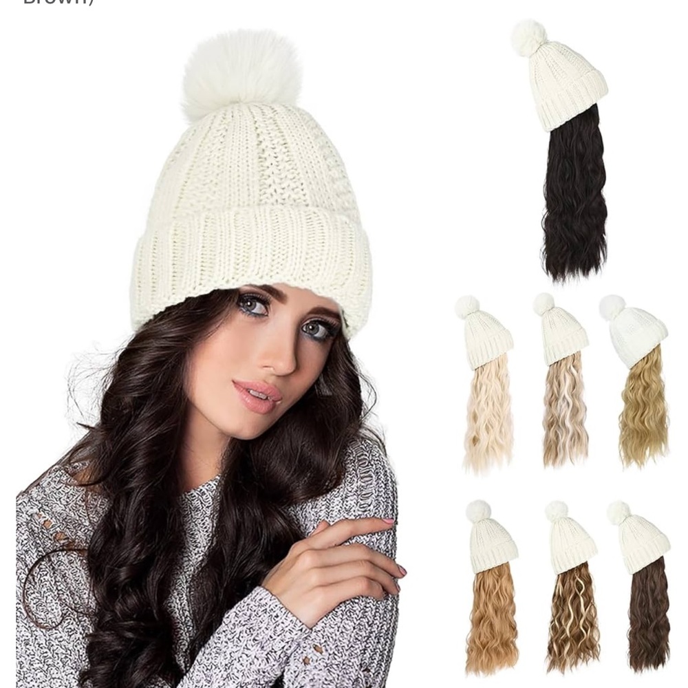 Chic White Knit Beanie with Pom Pom and Extensions
